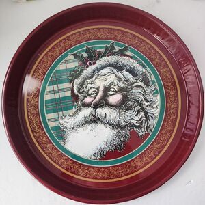 Nobel Hall Santa Claus Face Tin Tray 11.75" Christmas Holiday Multicolor Vintage